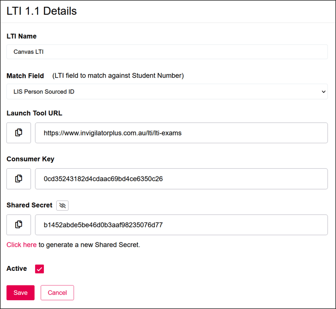 Canvas LTI 1.1 Details form in invigilatorPlus