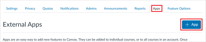 External Apps screen location under Admin Settings in Canvas