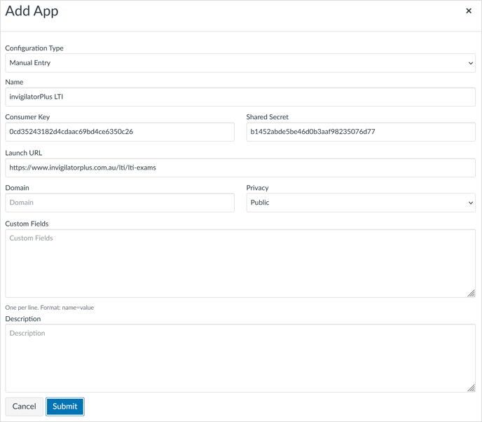 Add App form in Canvas