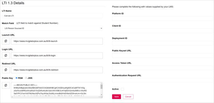 LTI 1.3 Details form in invigilatorPlus
