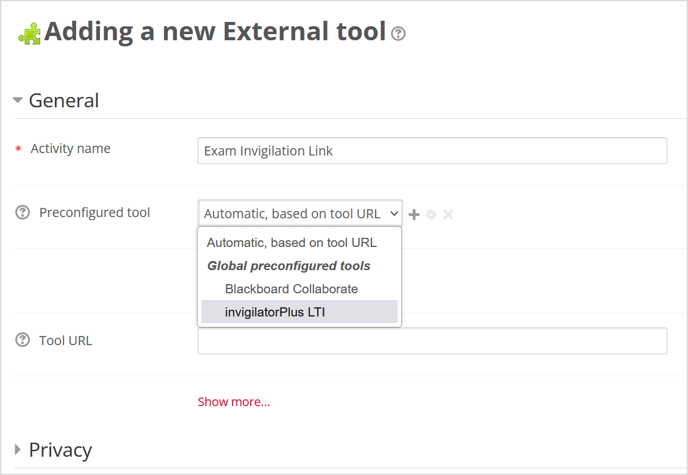 Adding a new External tool form in Moodle