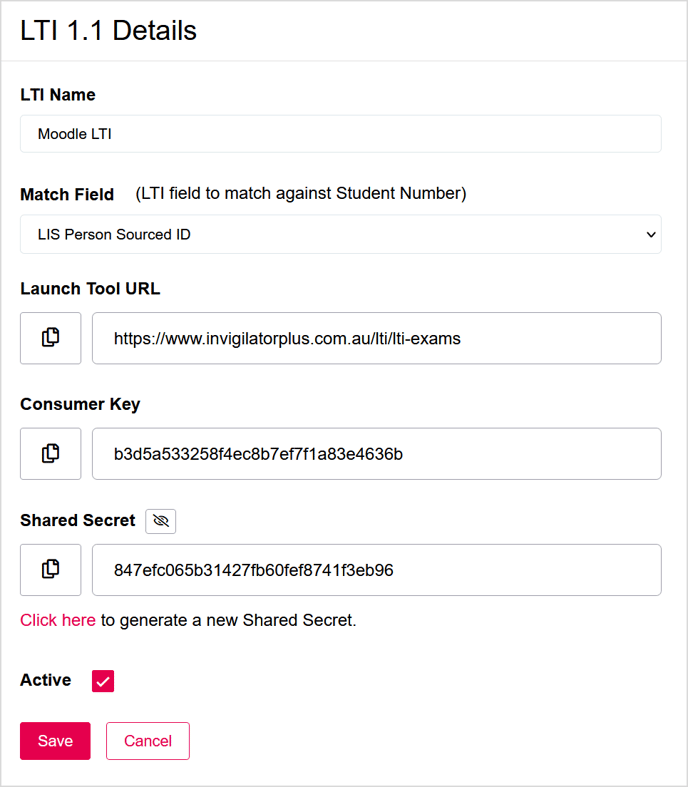 LTI 1.1 Details form in invigilatorPlus