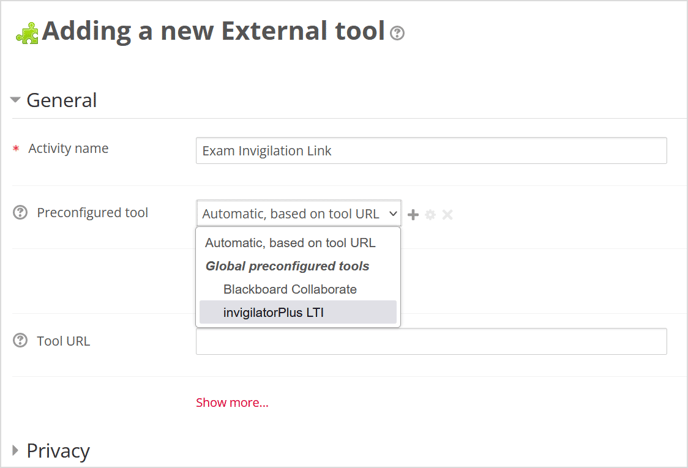 'Add external tool' screen in Moodle