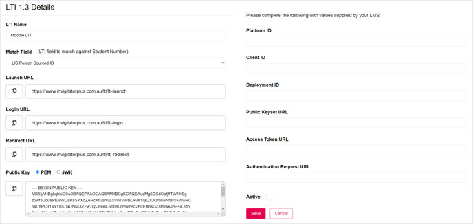 LTI 1.3 Details form in invigilatorPlus